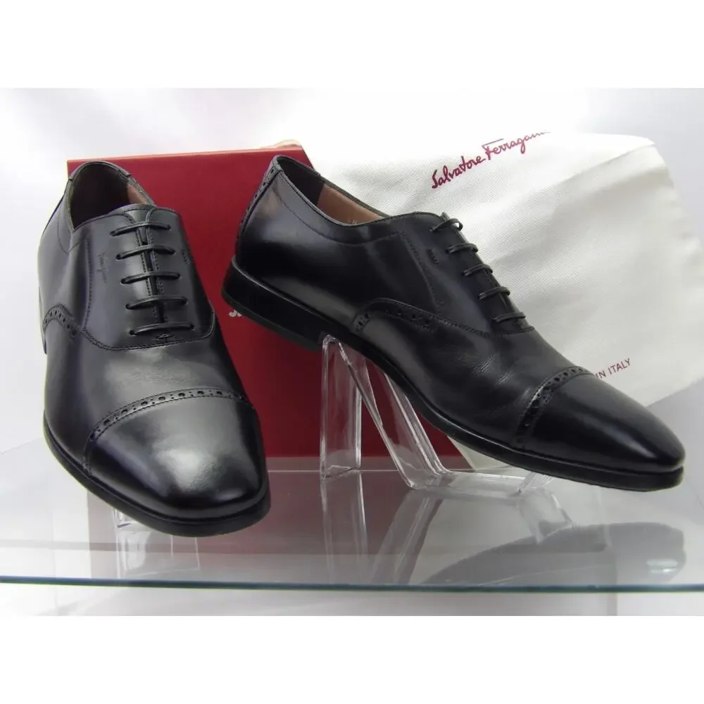 NIB SALVATORE FERRAGAMO RILEY BLACK BROGUE LEATHER LOGO OXFORDS 11 EE